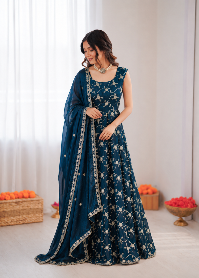 Blue silk blend thread with sequin anarkali suit