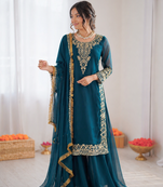 Royal blue georgette thread with sequin palazzo suit