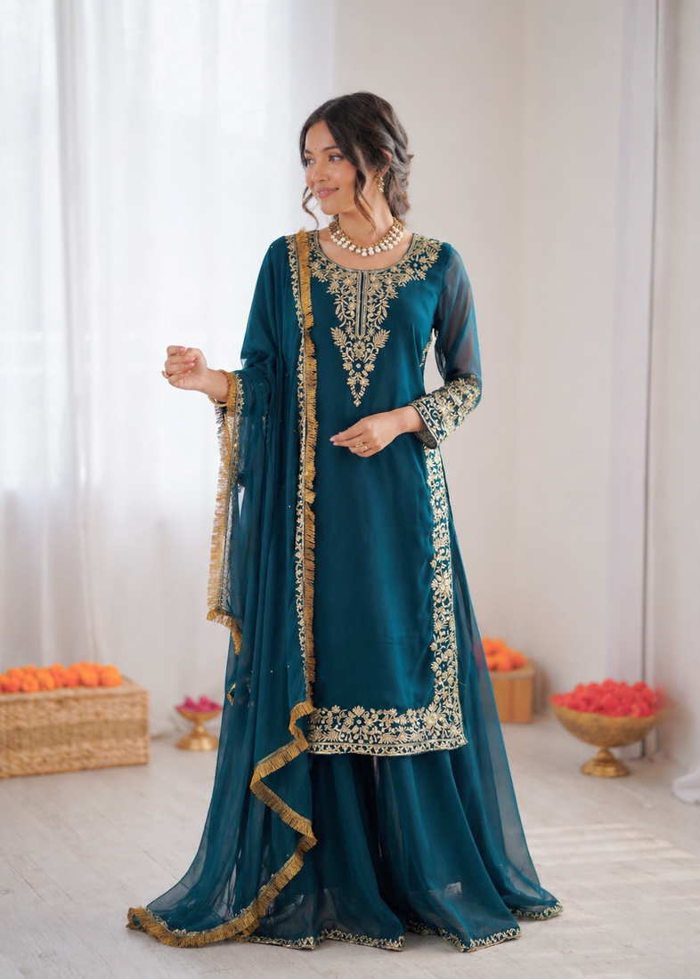 Royal blue georgette thread with sequin palazzo suit