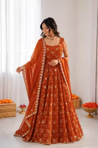Orange silk blend thread with sequin anarkali suit