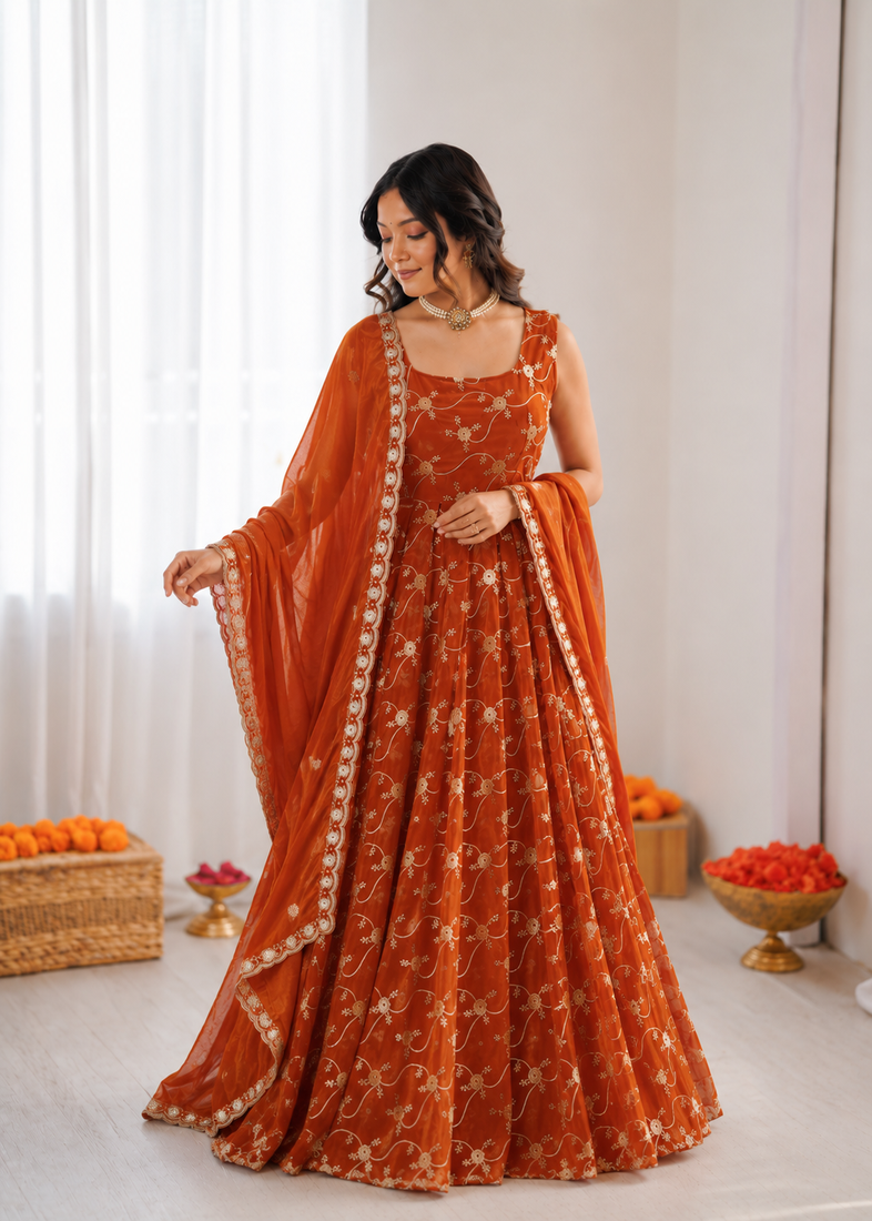 Orange silk blend thread with sequin anarkali suit