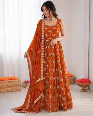 Orange silk blend thread with sequin anarkali suit 2