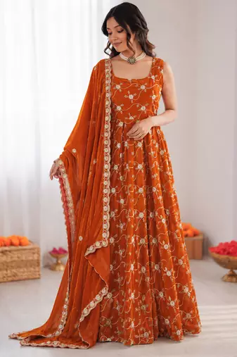 Orange silk blend thread with sequin anarkali suit