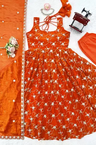 Orange silk blend thread with sequin anarkali suit