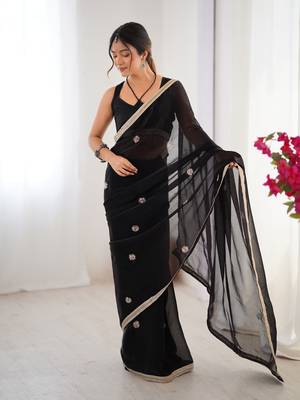 Black designer fandy saree with beads moti & sequin embroidery work 1