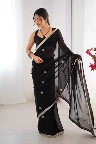 Black designer fandy saree with beads moti & sequin embroidery work