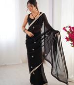 black saree with beads moti & sequin embroidery work