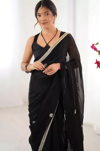 Black designer fandy saree with beads moti & sequin embroidery work