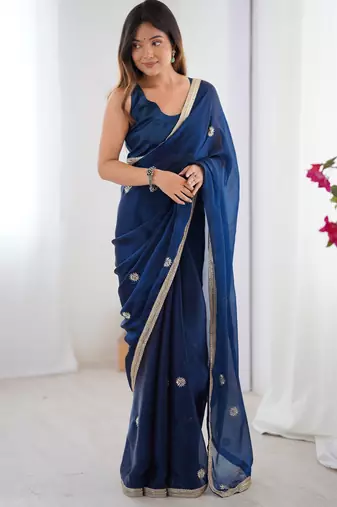 Blue designer fandy saree with beads moti & sequin embroidery work