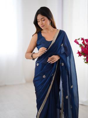 Blue designer fandy saree with beads moti & sequin embroidery work 2