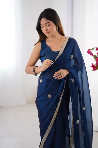 Blue designer fandy saree with beads moti & sequin embroidery work