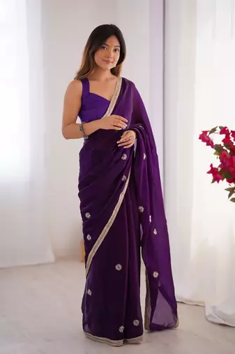 purple saree with beads moti & sequin embroidery work