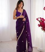 Purple designer fandy saree with beads moti & sequin embroidery work