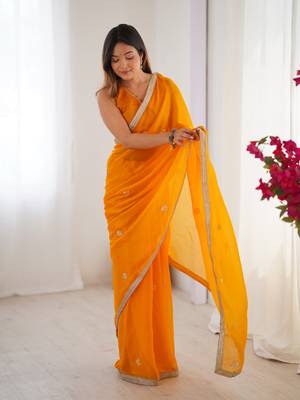 Yellow designer fandy saree with beads moti & sequin embroidery work 1