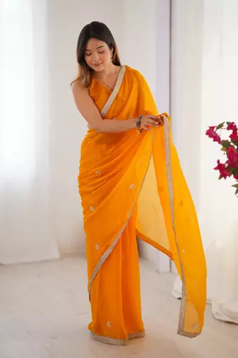 Yellow designer fandy saree with beads moti & sequin embroidery work