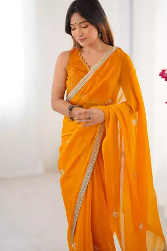 Yellow designer fandy saree with beads moti & sequin embroidery work