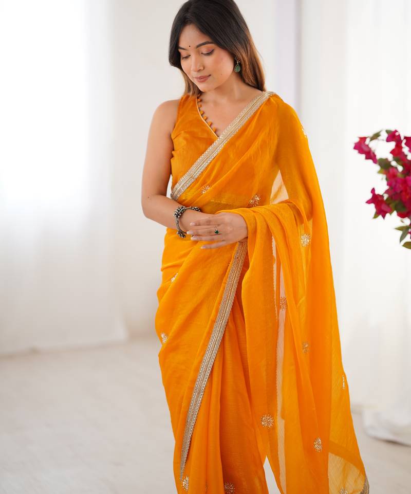 yellow saree with beads moti & sequin embroidery work