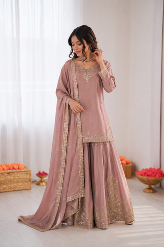 Onion pink crepe thread with sequin sharara suit