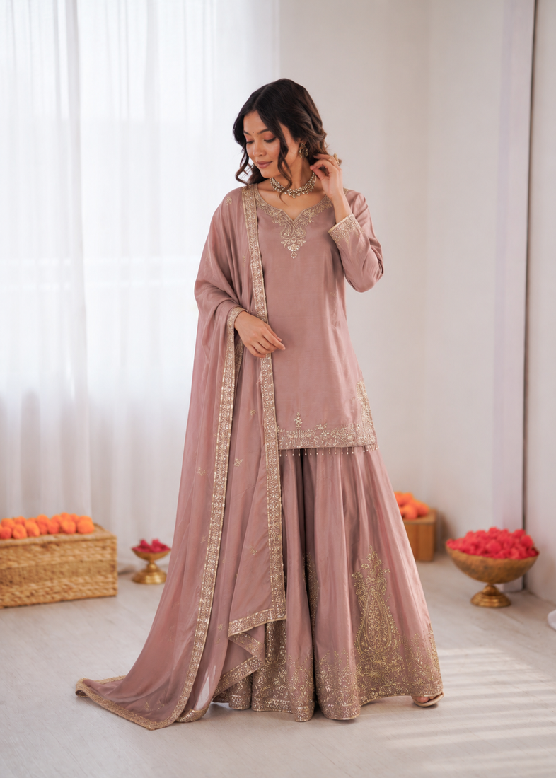 Onion pink crepe thread with sequin sharara suit