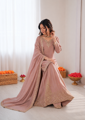 Onion pink crepe thread with sequin sharara suit 2