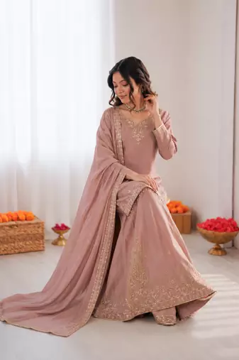 Onion pink crepe thread with sequin sharara suit