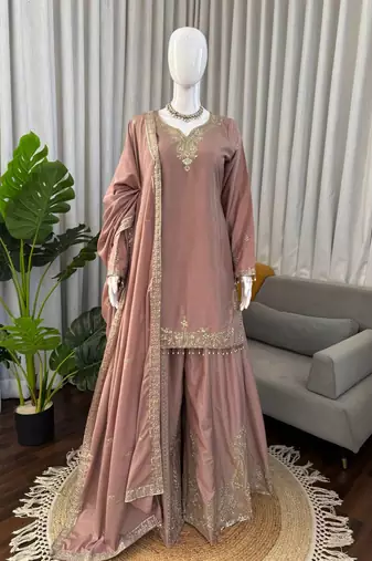 Onion pink crepe thread with sequin sharara suit