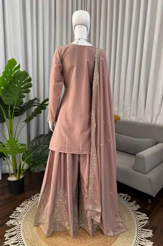 Onion pink crepe thread with sequin sharara suit