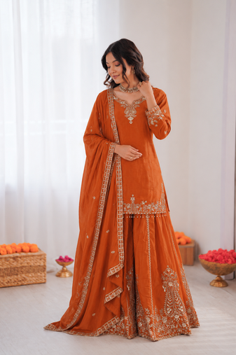 Orange crepe thread with sequin sharara suit