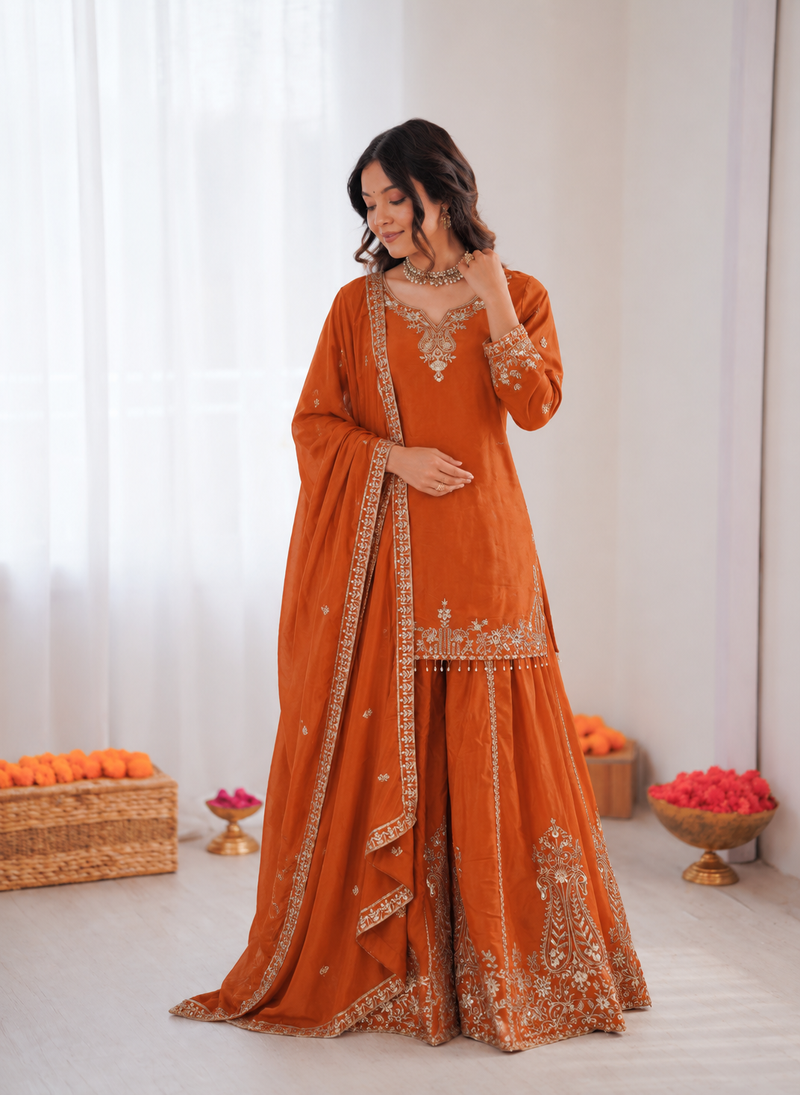 Orange crepe thread with sequin sharara suit