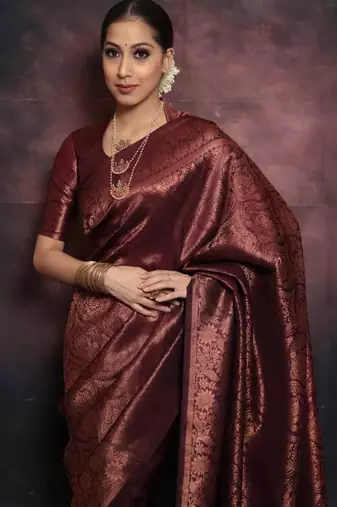 Maroon silk blend banarasi saree with unstitched blouse piece
