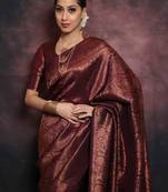 Maroon silk blend banarasi saree with unstitched blouse piece