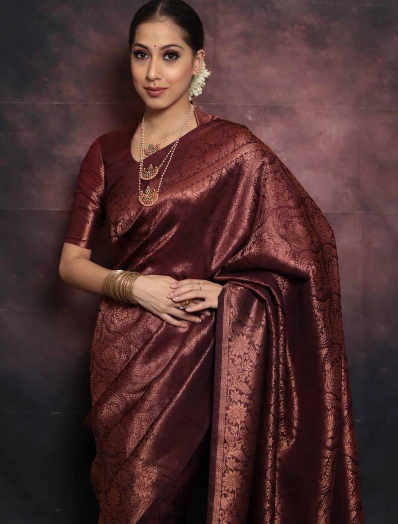 Maroon silk blend banarasi saree with unstitched blouse piece