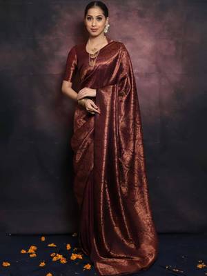 Maroon silk blend banarasi saree with unstitched blouse piece 2