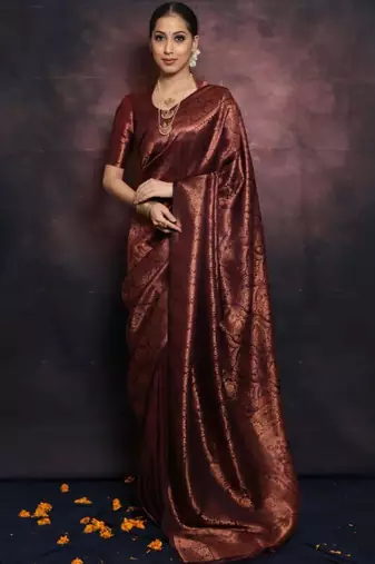 Maroon silk blend banarasi saree with unstitched blouse piece