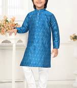 Blue jacquard woven work kid's kurta pyjama