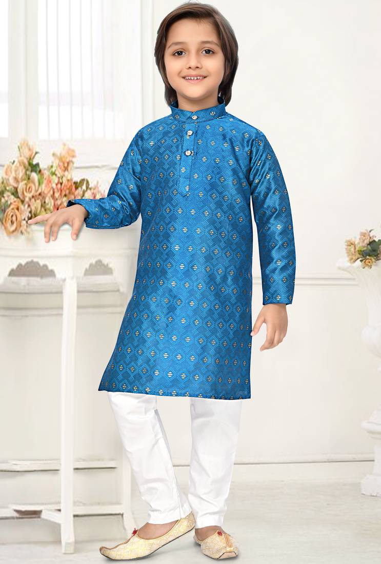 Blue jacquard woven work kid's kurta pyjama
