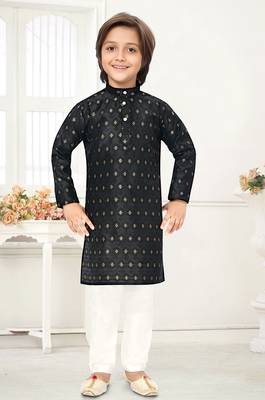 Black jacquard woven work kid's kurta pyjama 1