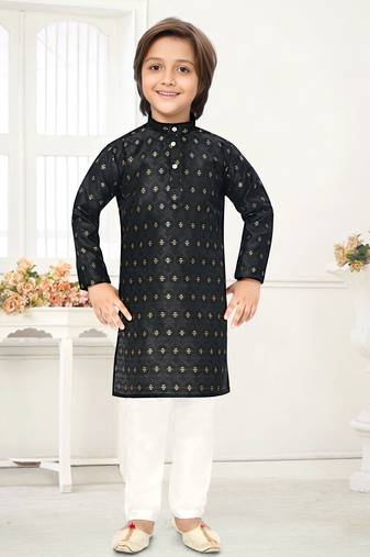 Black jacquard woven work kid's kurta pyjama
