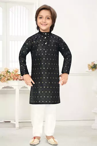 Black jacquard woven work kid's kurta pyjama