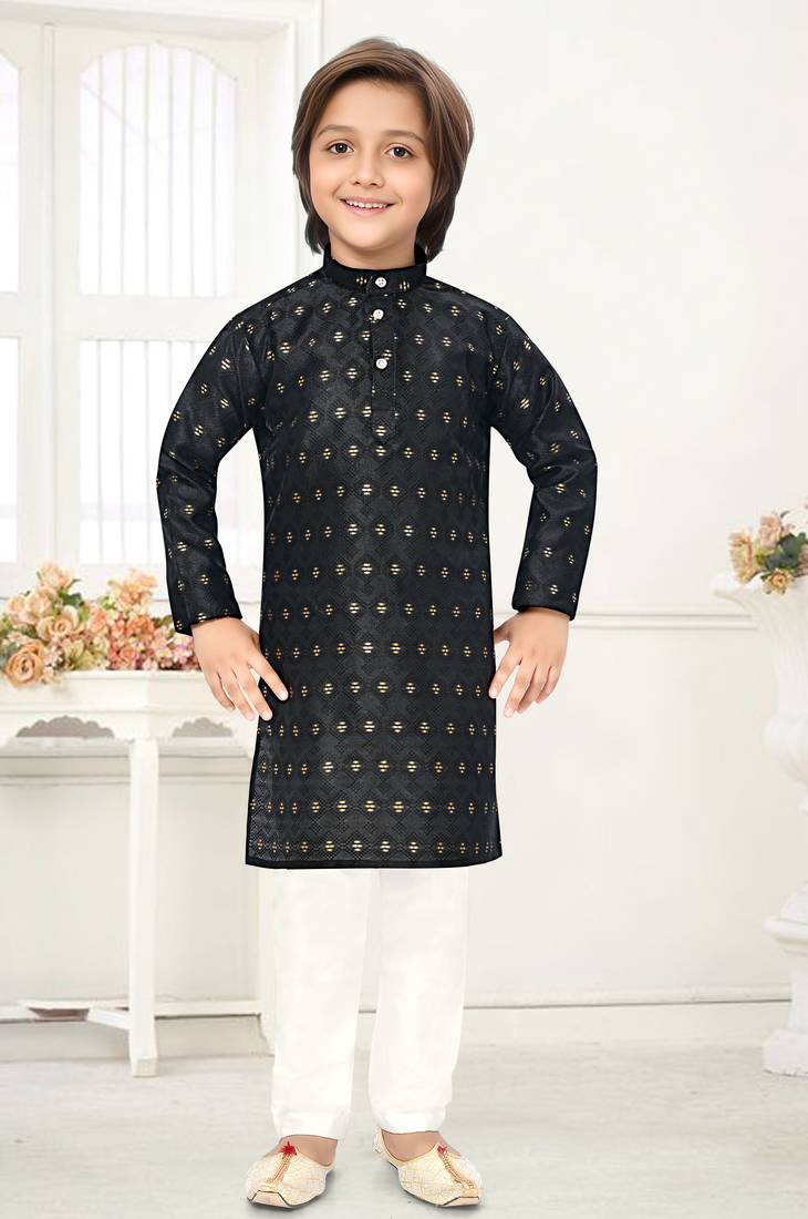 Black jacquard woven work kid's kurta pyjama