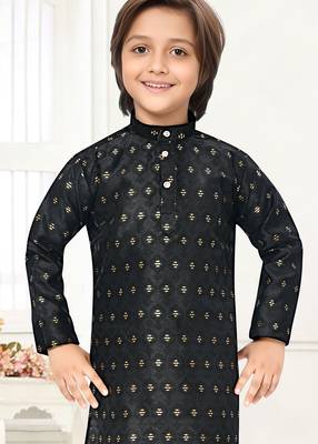 Black jacquard woven work kid's kurta pyjama 2