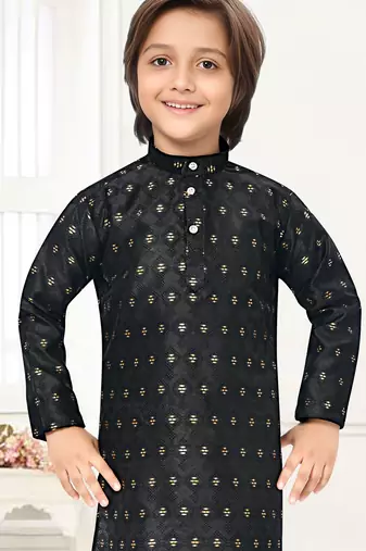 Black jacquard woven work kid's kurta pyjama