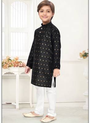 Black jacquard woven work kid's kurta pyjama 3