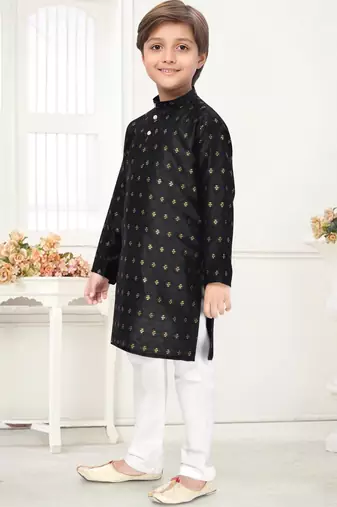 Black jacquard woven work kid's kurta pyjama