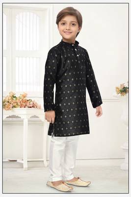 Black jacquard woven work kid's kurta pyjama 4