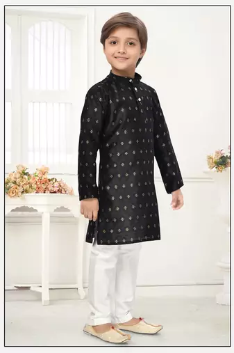 Black jacquard woven work kid's kurta pyjama