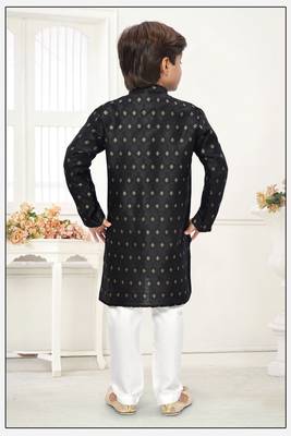 Black jacquard woven work kid's kurta pyjama 5