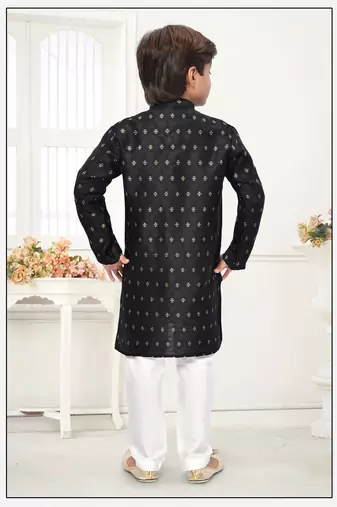 Black jacquard woven work kid's kurta pyjama
