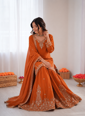Orange crepe thread with sequin sharara suit 2