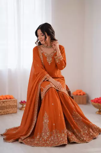 Orange crepe thread with sequin sharara suit